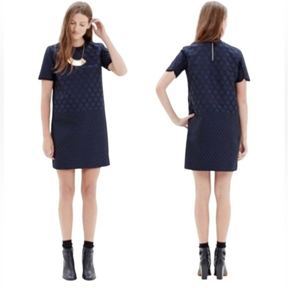 Madewell Navy Blue Black Polka Dot Shirt Sleeved Sheath Dress Size Medium - Picture 1 of 14